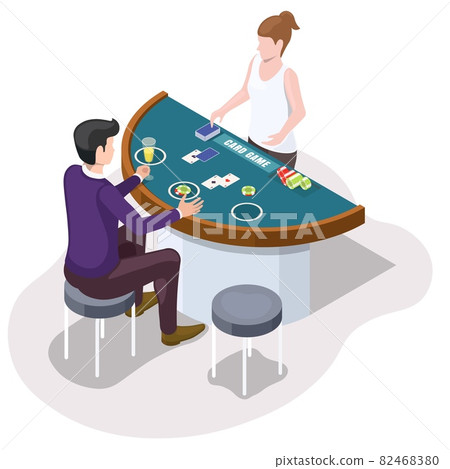Gambler playing casino card game sitting at gambling table with deck of cards and chips, vector isometric illustration. Gambler playing casino card game sitting at gambling table with deck of cards and chips, vector isometric illustration. 82468380