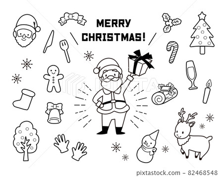 Hand-painted cute Santa Claus and reindeer Christmas illustration set monochrome 82468548