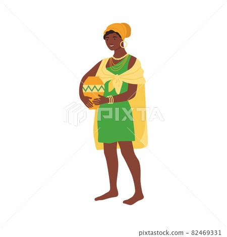 Beautiful African woman in traditional bright national clothes holding clay jug cartoon vector illustration Beautiful African woman in traditional bright national clothes holding clay jug cartoon vector illustration 82469331