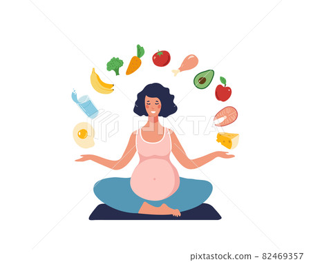 Healthy eating concept during pregnancy. A pregnant woman leads a healthy lifestyle and chooses healthy food. Flat cartoon vector illustration. Healthy eating concept during pregnancy. A pregnant woman leads a healthy lifestyle and chooses healthy food. Flat cartoon vector illustration. 82469357