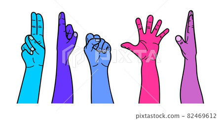 Hands with different gestures and different colors of the net. For use on textiles, packaging paper, souvenirs, printing, posters, postcards. Hands with different gestures and different colors of the net. For use on textiles, packaging paper, souvenirs, printing, posters, postcards. 82469612