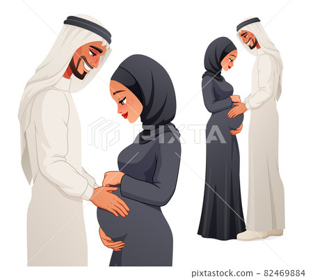 Happy pregnant Arab couple expecting baby. Vector illustration. Happy pregnant Arab couple expecting baby. Vector illustration. 82469884
