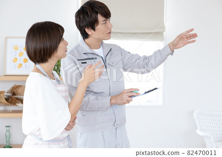 A man wearing work clothes with a housewife who consults on home remodeling 82470011