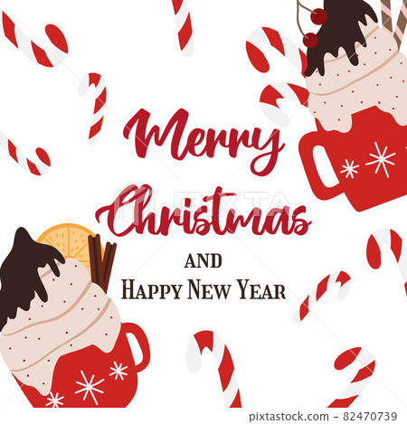 Hand-drawn Christmas card with mugs of hot coffee with cream. New Year card with hot drinks. Christmas lettering. The illustration is suitable for postcards, brochures, flyers. 82470739