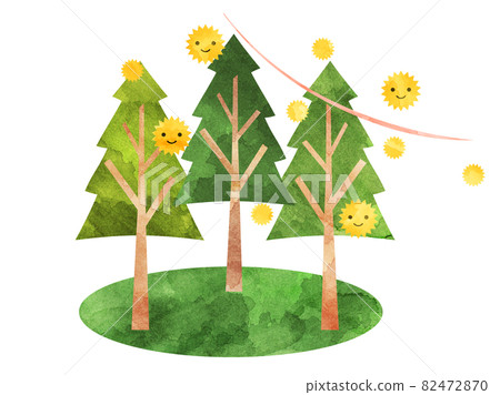 想像杉樹和杉花粉的插圖（水彩風格處理） 82472870