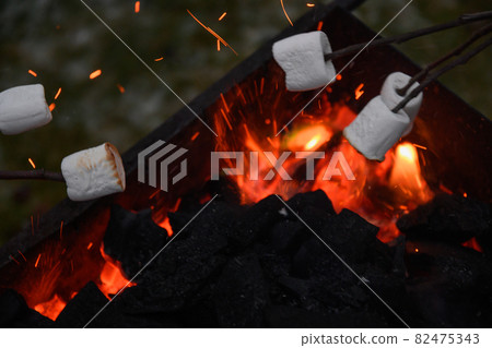 Roasting marshmallow on a fire at the evening. Roasting marshmallow on a fire at the evening. 82475343