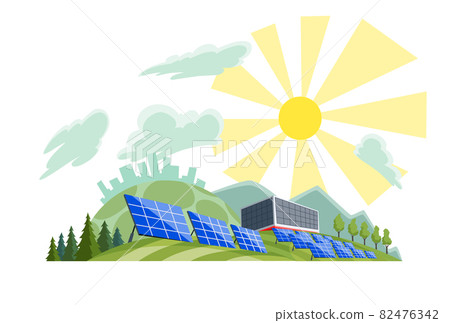 Clean electric energy concept. Renewable electricity resource from solar panels. Ecological change of the future. City skyline and nature landscape on background 82476342