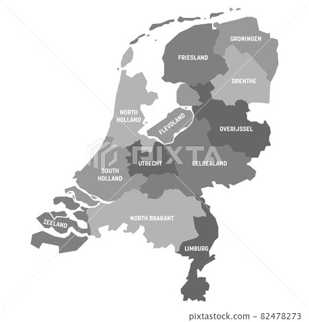 Gray political map of Netherlands. Administrative divisions - states. Simple flat vector map with labels. Gray political map of Netherlands. Administrative divisions - states. Simple flat vector map with labels. 82478273