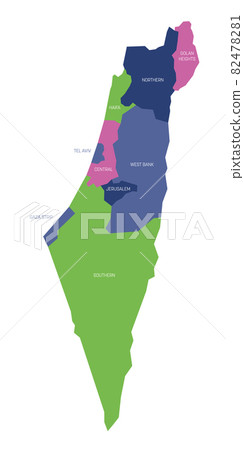 Colorful political map of Israel. Administrative divisions - districts and three special territories - Gaza Strip, West Bank and Golan Heights. Simple flat vector map with labels. 82478281