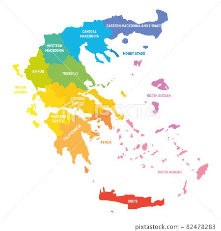 Colorful political map of Greece. Administrative divisions - decentralized administrations. Simple flat vector map with labels. Colorful political map of Greece. Administrative divisions - decentralized administrations. Simple flat vector map with labels. 82478283