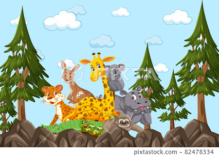 Wild animals group in the forest scene - Stock Illustration [82478334] -  PIXTA