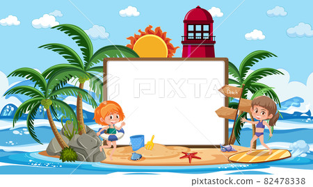 Kids on vacation at the beach daytime scene with an empty banner template Kids on vacation at the beach daytime scene with an empty banner template 82478338