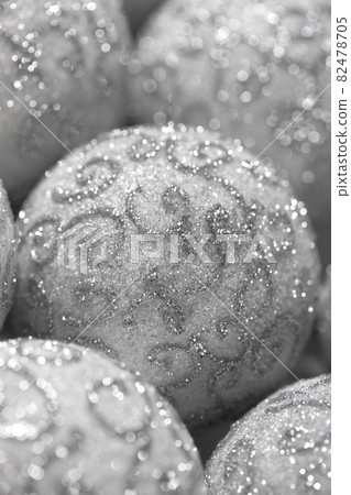 Christmas background. White Christmas balls with silver pattern closeup. Beautiful Christmas Wallpaper. Christmas background. White Christmas balls with silver pattern closeup. Beautiful Christmas Wallpaper. 82478705