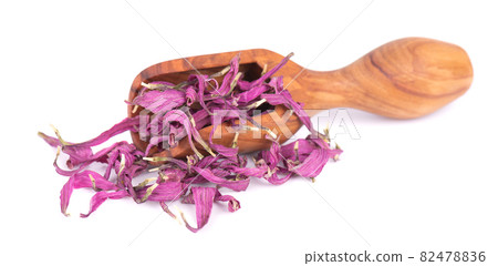 Dried Echinacea flowers in wooden scoop, isolated on white background. Petals of Echinacea purpurea. Medicinal herbs. 82478836