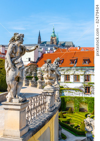 Prague Castle and St Nicholas Church in Lesser Town of Prague. Sunny spring day view from Vrtba Garden. Prague, Czech Republic. Prague Castle and St Nicholas Church in Lesser Town of Prague. Sunny spring day view from Vrtba Garden. Prague, Czech Republic. 82479484