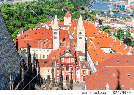 Aerial view of Basilica of St George on Prague Castle, Prague, Czech Republic. 82479489