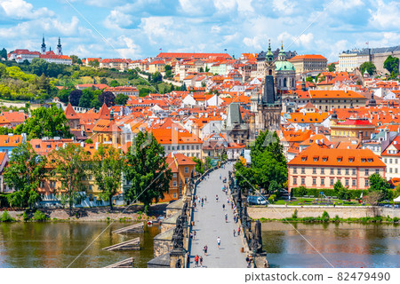 Prague panorama with Charles Bridge over Vltava River and Lesser Town. View from Old Town Bridge Tower, Czech Republic. 82479490
