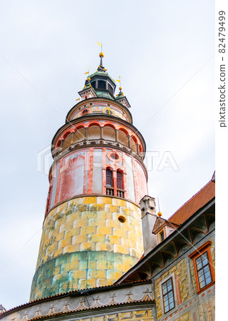 Colorful and ornamental Tower of Cesky Krumlov Castle. Cesky Krumlov, Czech Republic. Colorful and ornamental Tower of Cesky Krumlov Castle. Cesky Krumlov, Czech Republic. 82479499