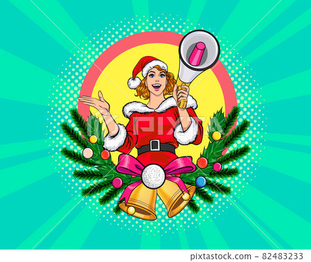 Wreath christmas tree with Santa woman holding megaphone for announce Wreath christmas tree with Santa woman holding megaphone for announce 82483233