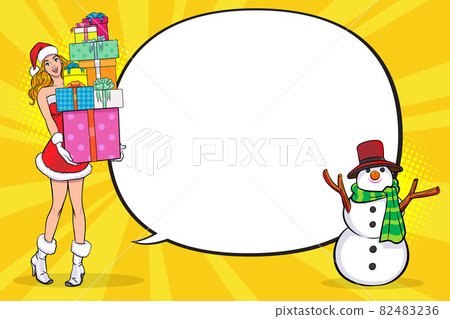 santa woman carry giftboxes and snowman with copyspace santa woman carry giftboxes and snowman with copyspace 82483236