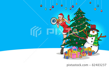 Santa girl peeking from behind christmas tree with megaphone Santa girl peeking from behind christmas tree with megaphone 82483237