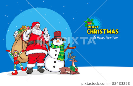 Santa Claus with snowman deer elf merry christmas banner Santa Claus with snowman deer elf merry christmas banner 82483238