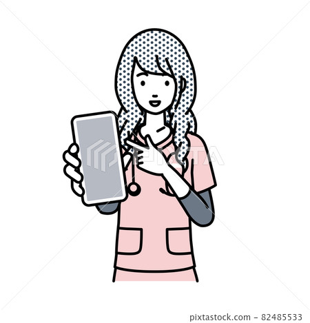 A nurse woman standing and pointing at her smartphone A nurse woman standing and pointing at her smartphone 82485533
