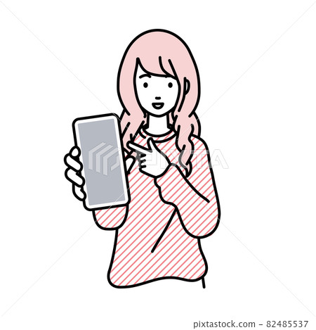 一位遠程工作的女性站著指著她的智能手機 一位遠程工作的女性站著指著她的智能手機 82485537
