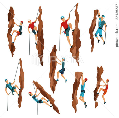 Mountain climbing. Mens climbing on a rock mountain with professional equipment. Bouldering sport. Game scene isolated on white background 82486287