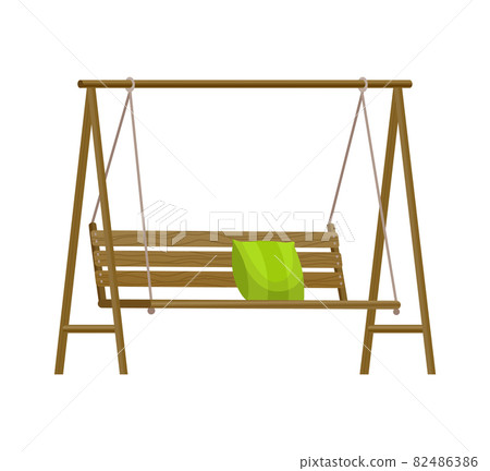 Garden swing bench. Classic outdoor garden wooden hanging furniture with green pillow. Wooden porch swing hanging on frame with ropes. Patio element for relax 82486386