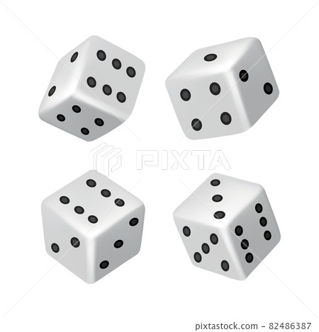 Dice - realistic white cubes with random numbers of black dots or pips and rounded edges. Vector game cubes isolated. Isolated 3d objects for hobbies Dice - realistic white cubes with random numbers of black dots or pips and rounded edges. Vector game cubes isolated. Isolated 3d objects for hobbies 82486387
