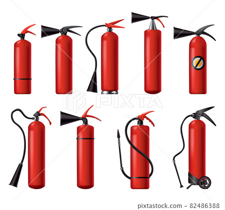 Red fire extinguishers set. Isolated portable fire-fighting units of different shape. Firefighters tools for flame fighting attention. Portable fire extinguishing equipment Red fire extinguishers set. Isolated portable fire-fighting units of different shape. Firefighters tools for flame fighting attention. Portable fire extinguishing equipment 82486388