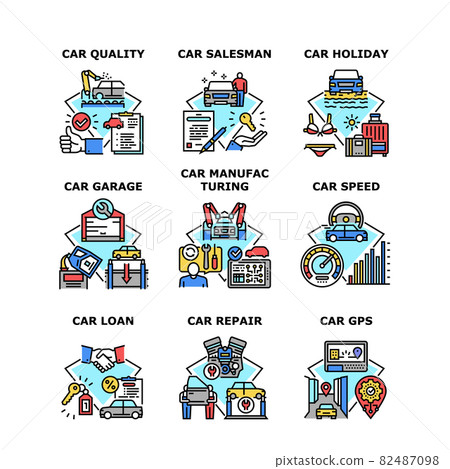 Car Manufacturing Set Icons Vector Illustrations - Stock Illustration ...