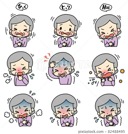 各種症狀（打嗝、頭痛、嘔吐）的插圖。老年人。 82488495
