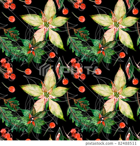 Christmas floral watercolor black seamless pattern - Stock Illustration ...