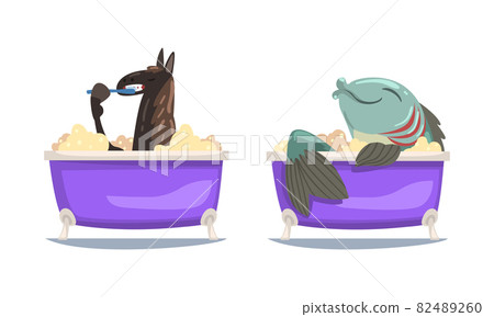 Llama and Fish in the Bathtub Washing Body with Soap Vector Set Llama and Fish in the Bathtub Washing Body with Soap Vector Set 82489260