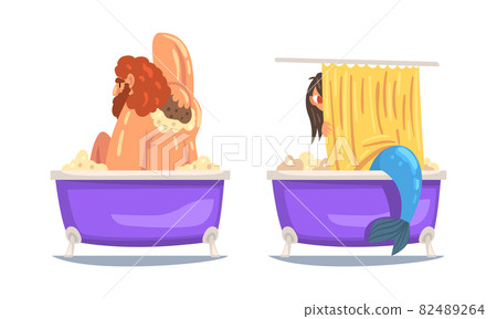 Bearded Male and Mermaid Bathing in the Bathtub Washing Body with Soap Vector Set 82489264