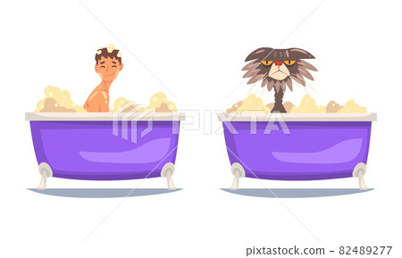 Young Male and Whiskered Cat Bathing in the Bathtub Washing Body with Soap Vector Set 82489277
