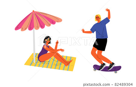 Young Man and Woman at Seaside Sunbathing on Blanket and Riding Skateboard Enjoying Hot Summer Vector Set Young Man and Woman at Seaside Sunbathing on Blanket and Riding Skateboard Enjoying Hot Summer Vector Set 82489304