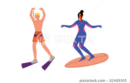 Young Man and Woman at Seaside with Snorkeling Mask and Surfboard Enjoying Hot Summer Vector Set 82489305