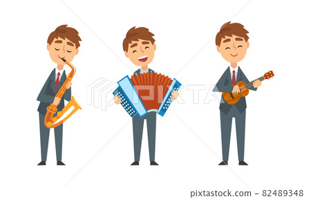 Young Man in Suit and Tie Playing Musical Instrument Performing Concert on Stage Vector Set 82489348