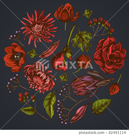 Round floral design on dark background with viburnum, hypericum, tulip, aster, leucadendron Round floral design on dark background with viburnum, hypericum, tulip, aster, leucadendron 82491114