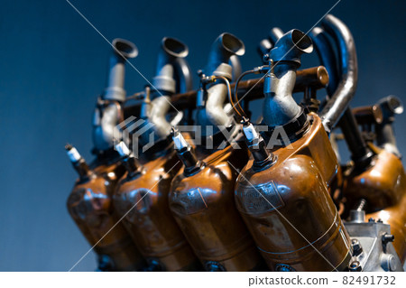 Close-up of a detail of a rare car engine. Metal mechanisms. Automotive industry 82491732