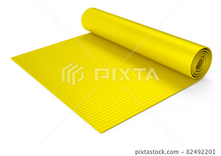 Yellow yoga mat or lightweight foam camping bed roll pad isolated on white. Yellow yoga mat or lightweight foam camping bed roll pad isolated on white. 82492201