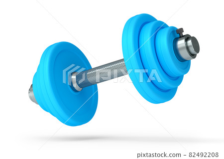 Metal dumbbell with blue disks isolated on white background Metal dumbbell with blue disks isolated on white background 82492208