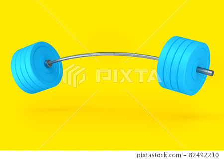 Abstract metal barbell with blue disks isolated on yellow background Abstract metal barbell with blue disks isolated on yellow background 82492210