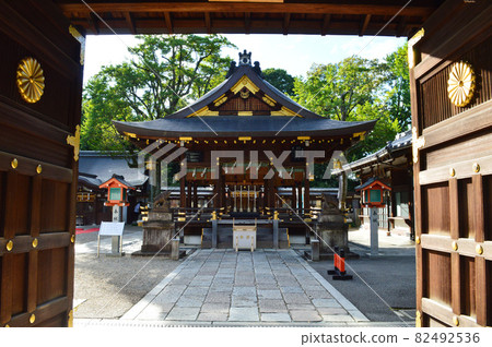 The hall of worship at Goo Shrine in Kyoto City, which enshrines the wild boar that worshiped in the autumn afternoon, is gorgeous The hall of worship at Goo Shrine in Kyoto City, which enshrines the wild boar that worshiped in the autumn afternoon, is gorgeous 82492536