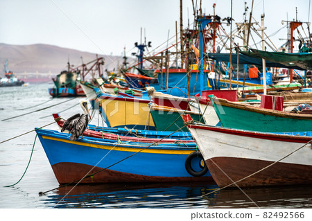 Pelican on a wooden boat at Paracas in Peru Pelican on a wooden boat at Paracas in Peru 82492566