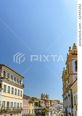 Facade of old, historical and colorful houses and churches in the Pelourinho Facade of old, historical and colorful houses and churches in the Pelourinho 82493262