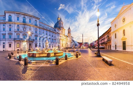 Piazza Navona with the Moor Fountain and Basilica at sunset, Rome, Italy Piazza Navona with the Moor Fountain and Basilica at sunset, Rome, Italy 82494958